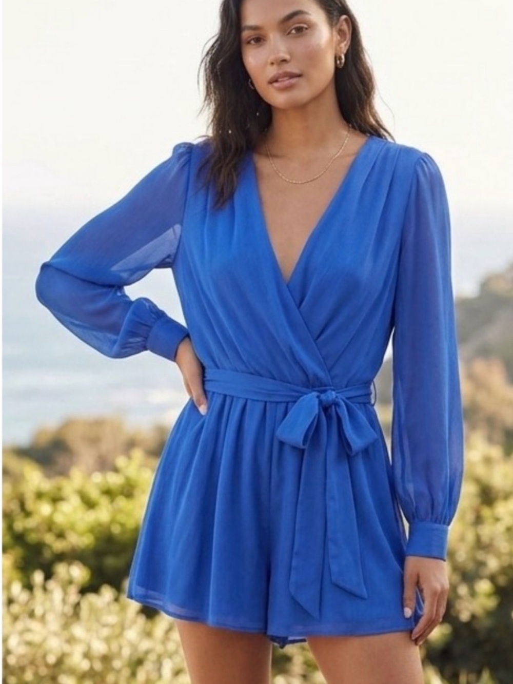 Express Royal Blue Long Sleeve Wrap Romper